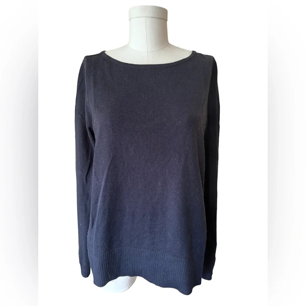 LOFT Mixed Media Pleated Chiffon Sweater, Navy blue plaid, size medium - Picture 3 of 13
